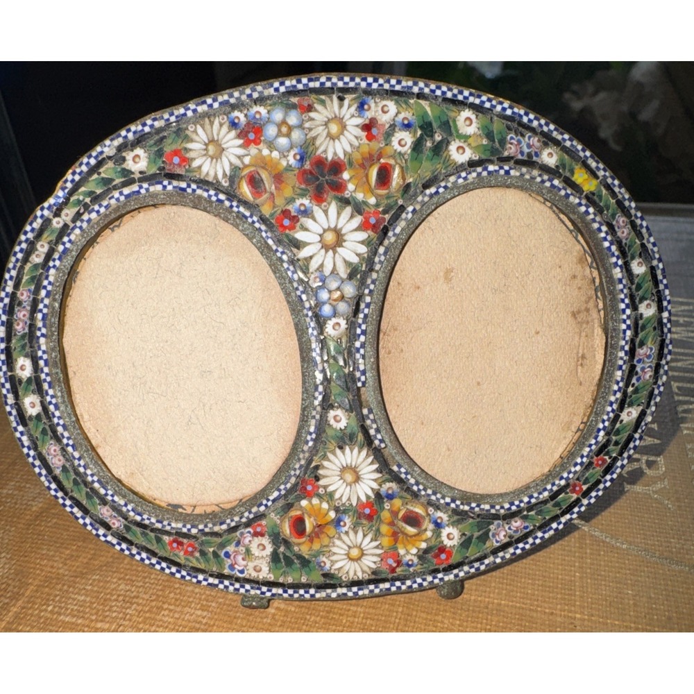 Vintage Italian Micro Mosaic Brass MCM Floral Red Photo/Picture Frame ITALY Made